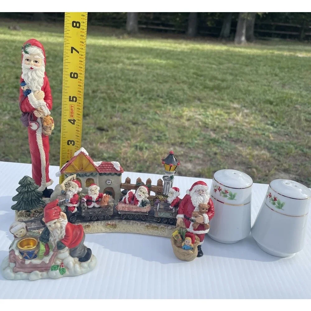Christmas Santa Figurine Decor Lot Train Gnome Holly Salt Pepper 6 Pc